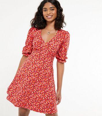Red Ditsy Floral Puff Sleeve Mini Dress ...